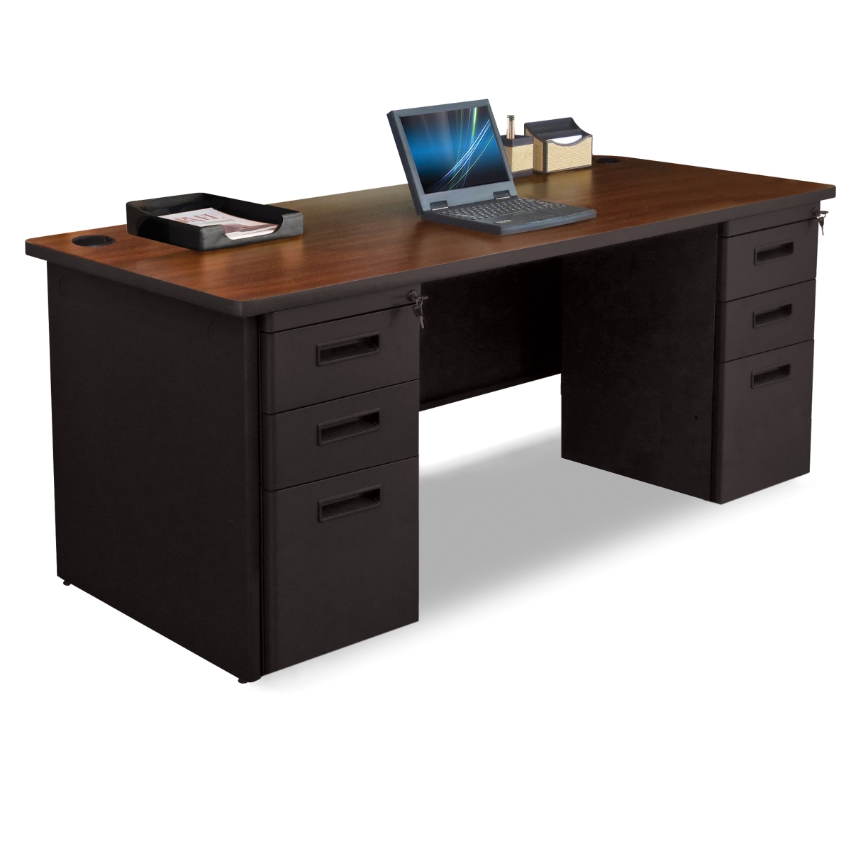 Pdr7230dp-b-b-dt-madn 72 W X 30 D Double Full Pedestal Desk, Mahogany Laminate & Dark Neutral Finish