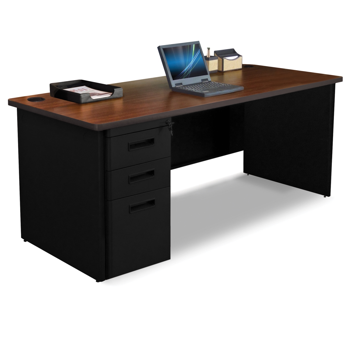 Pdr7230sp-b-bk-madn 72 W X 30 D Single Full Pedestal Desk, Mahogany Laminate & Black Finish