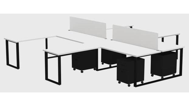 Benching For Four 72 X 30 In. Desk With 48 X 24 In. Return, 2 Privacy Screens & 4 Mobile Pedestals - Designer White Laminate & Black Finish