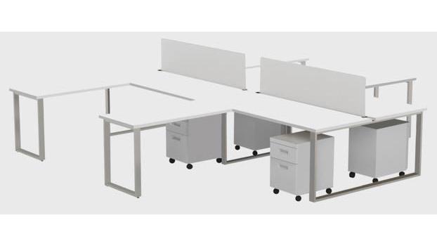 Benching For Four 72 X 30 In. Desk With 48 X 24 In. Return, 2 Privacy Screens & 4 Mobile Pedestals - Designer White Laminate & Silver Finish