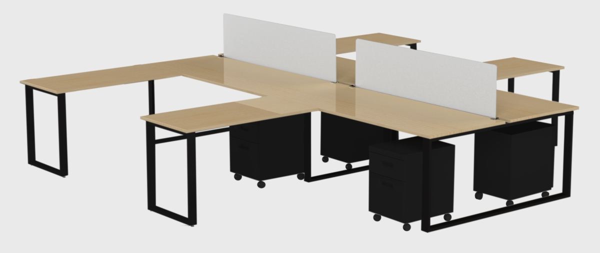 Benching For Four 72 X 30 In. Desk With 48 X 24 In. Return, 2 Privacy Screens & 4 Mobile Pedestals - Kensington Maple Laminate & Black Finish