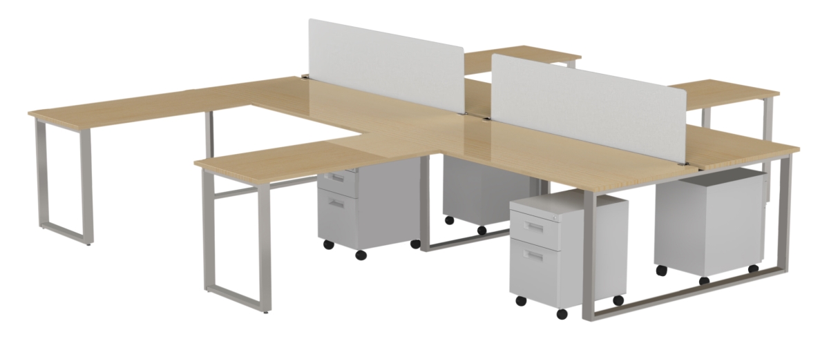 Benching For Four 72 X 30 In. Desk With 48 X 24 In. Return, 2 Privacy Screens & 4 Mobile Pedestals - Kensington Maple Laminate & Silver Finish