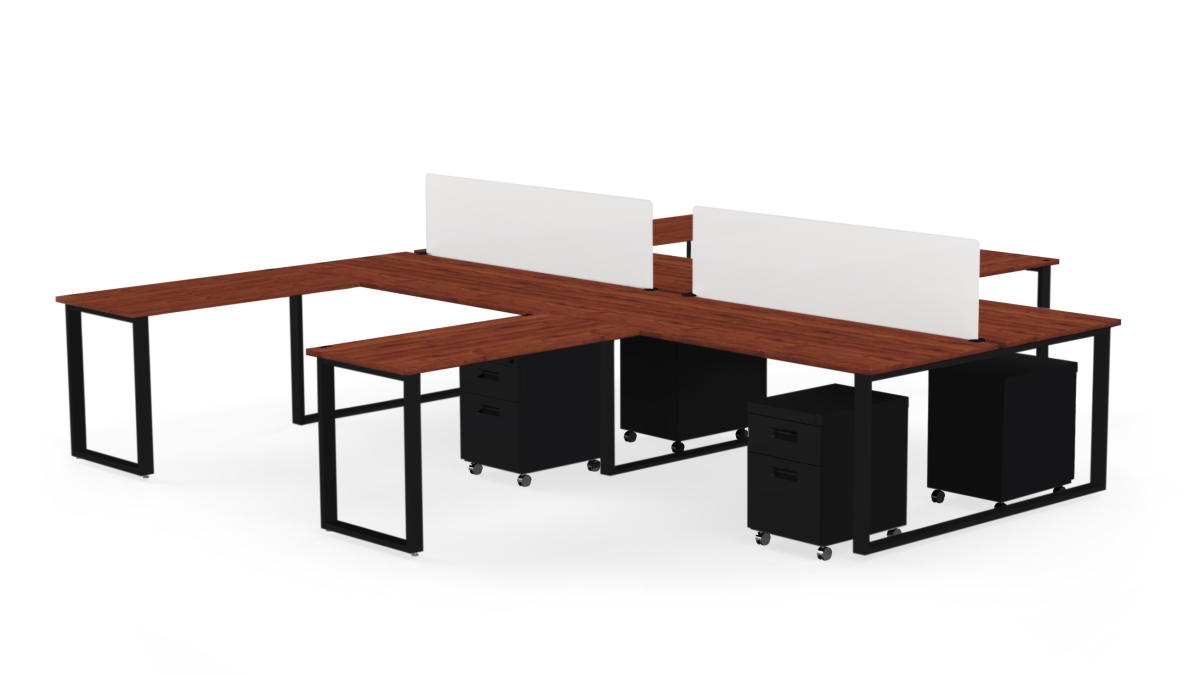 Benching For Four 72 X 30 In. Desk With 48 X 24 In. Return, 2 Privacy Screens & 4 Mobile Pedestals - Windsor Mahogany Laminate & Black Finish