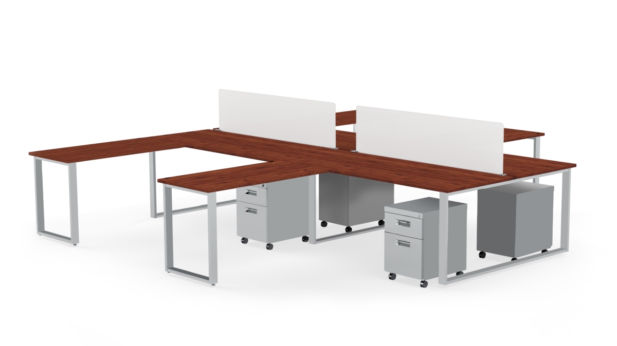 Benching For Four 72 X 30 In. Desk With 48 X 24 In. Return, 2 Privacy Screens & 4 Mobile Pedestals - Windsor Mahogany Laminate & Silver Finish