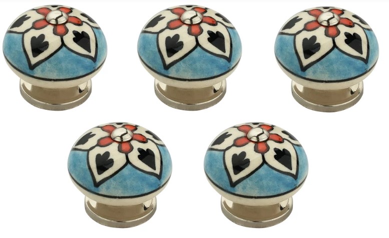 1.62 In. Flower Blue & Multicolor Cabinet Knob, Pack Of 5