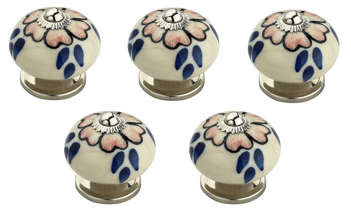 1.6 In. Flower De-top Cabinet Knob, Blue & Cream - Pack Of 5