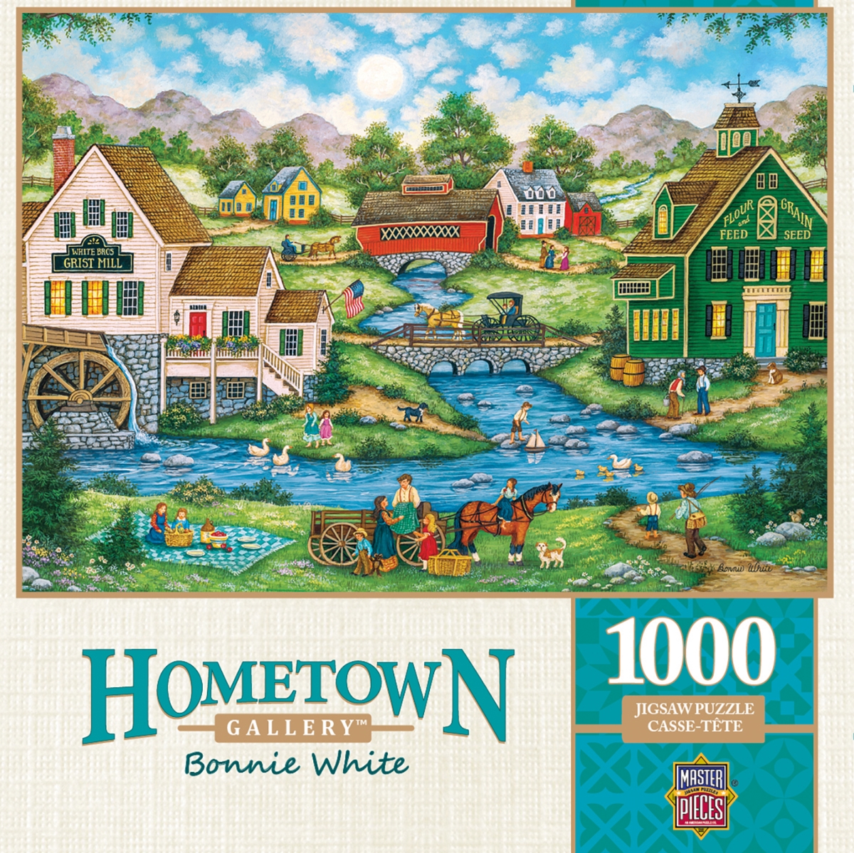 71732 19.25 X 26.75 In. Bonnie White Hometown Gallery Millside Picnic Jigsaw Puzzle - 1000 Piece