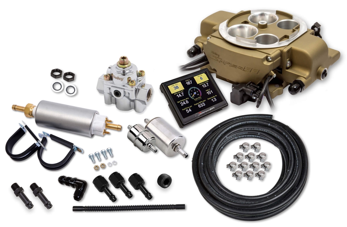 HLY550-869K Sniper EFI Fuel Injection Master Kit with Quadrajet Flange Fuel Pressure Fittings & O2 Sensor, Gold