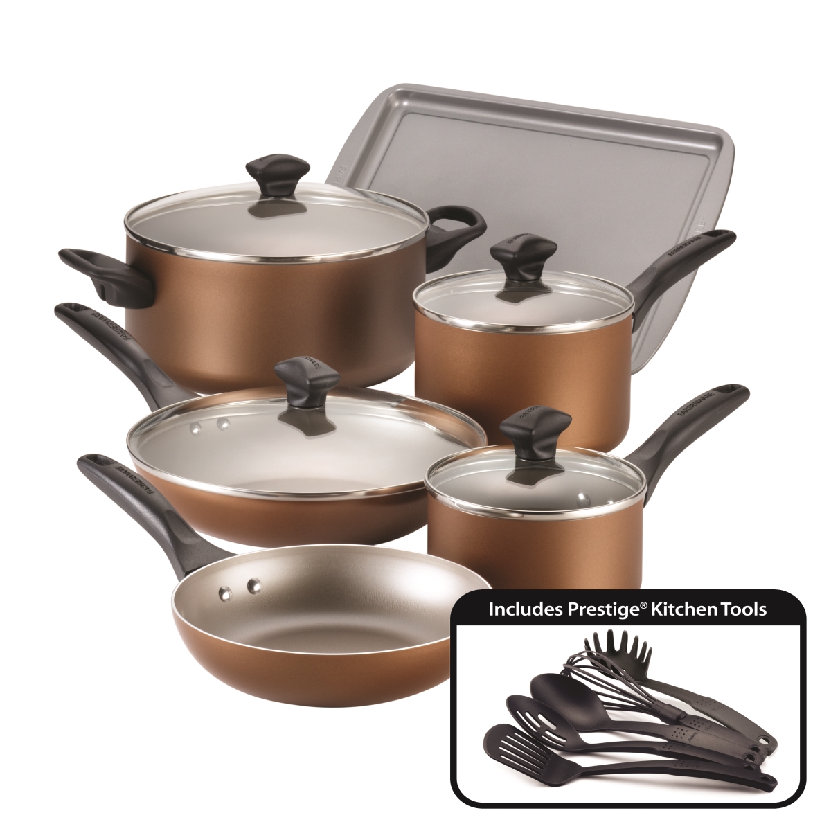 21890 Dishwasher Safe Nonstick Aluminum Cookware Set, Copper - 15 Piece