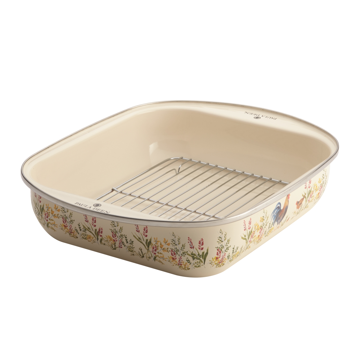 46811 Enamel-on-steel Roaster With Removable Chrome Rack, Garden Rooster - 14 X 12 In.