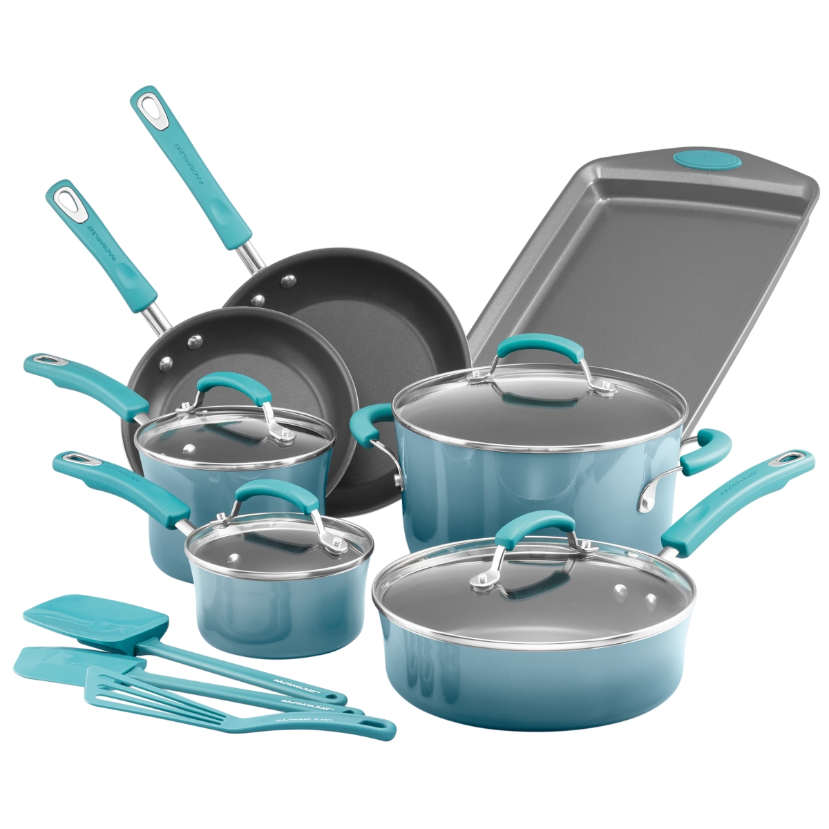 19020 Classic Brights Porcelain Nonstick 14 Piece Cookware Set With Bakeware & Tools, Agave Blue