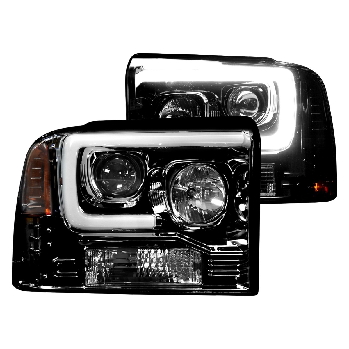Rec264193bkc Projector Headlights With High Power Oem Led Halos & Drl For 2005-2007 F250, F350, F450 & F550, Smoked & Black