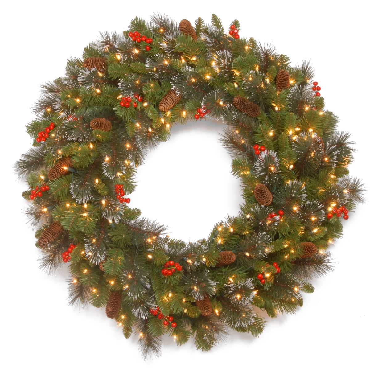 36 In. Crestwood Spruce Wreath With Silver Bristle, Cones, Red Berries & Glitter With 200 Clear Lights