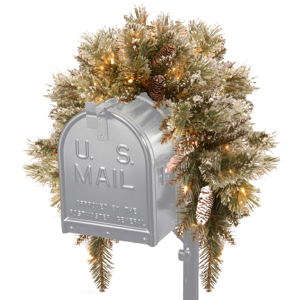 3 Ft. Glittery Bristle Pine Mailbox Swag With 9 White Tipped Cones & 35 Warm White Battery Operated Operated Led Lights With Timer