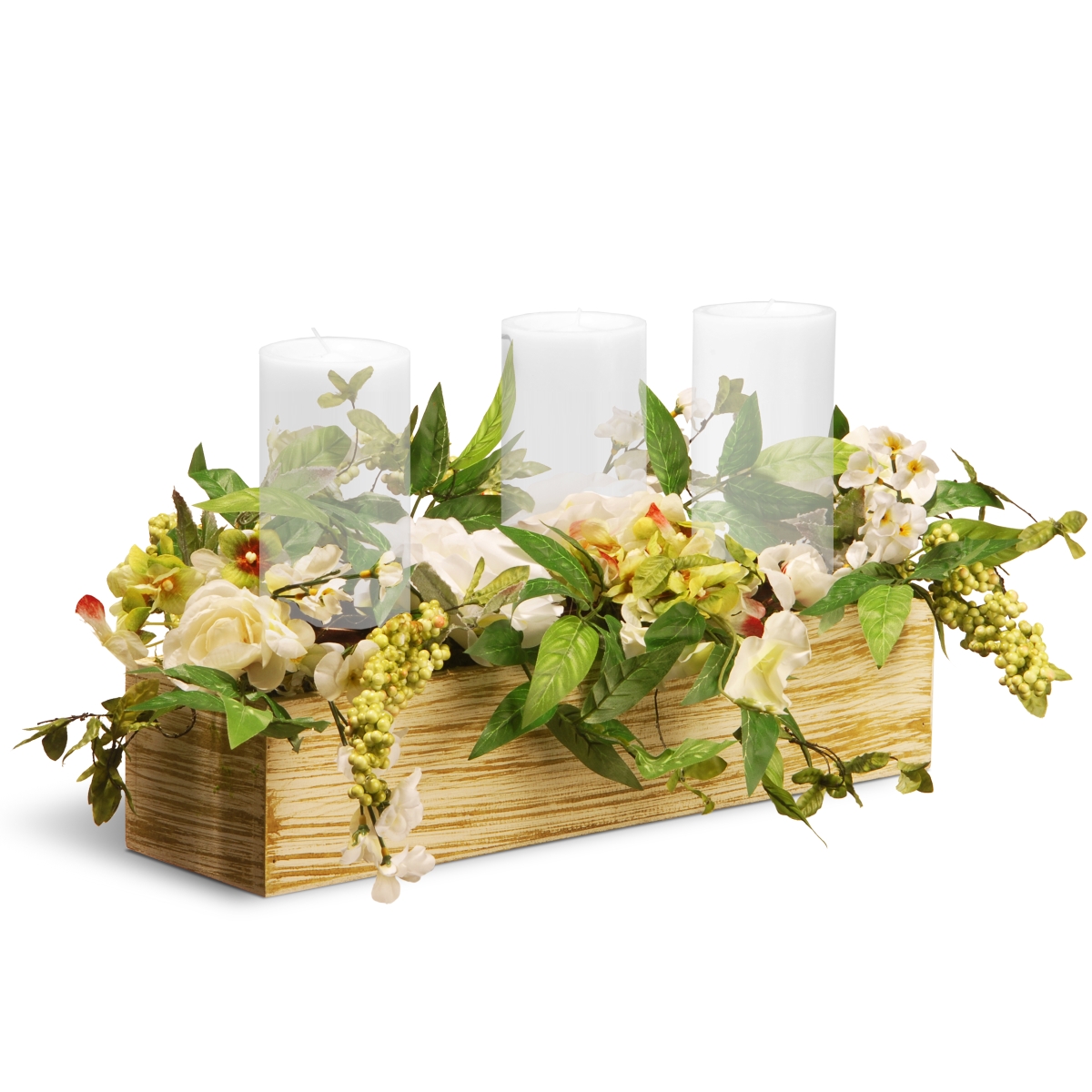 National Tree Ras-be030146b 22 In. Spring 3 Candleholder Wood Box With Mixed Flowers & Berries