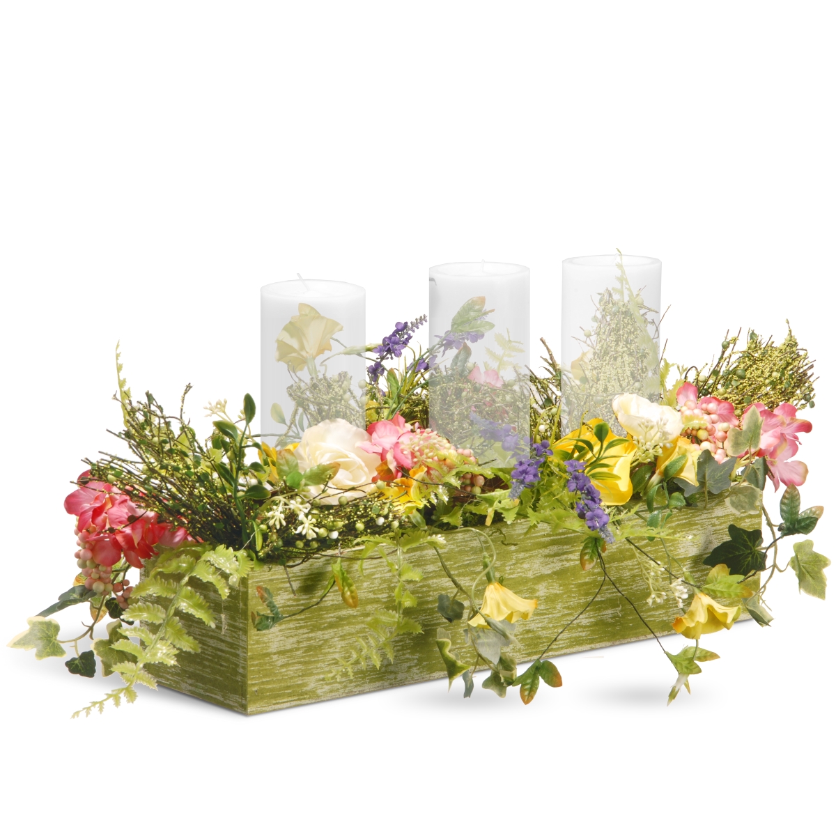 National Tree Ras-be030147a 22 In. Spring 3 Candleholder Wood Box With Ferns & Mixed Flowers