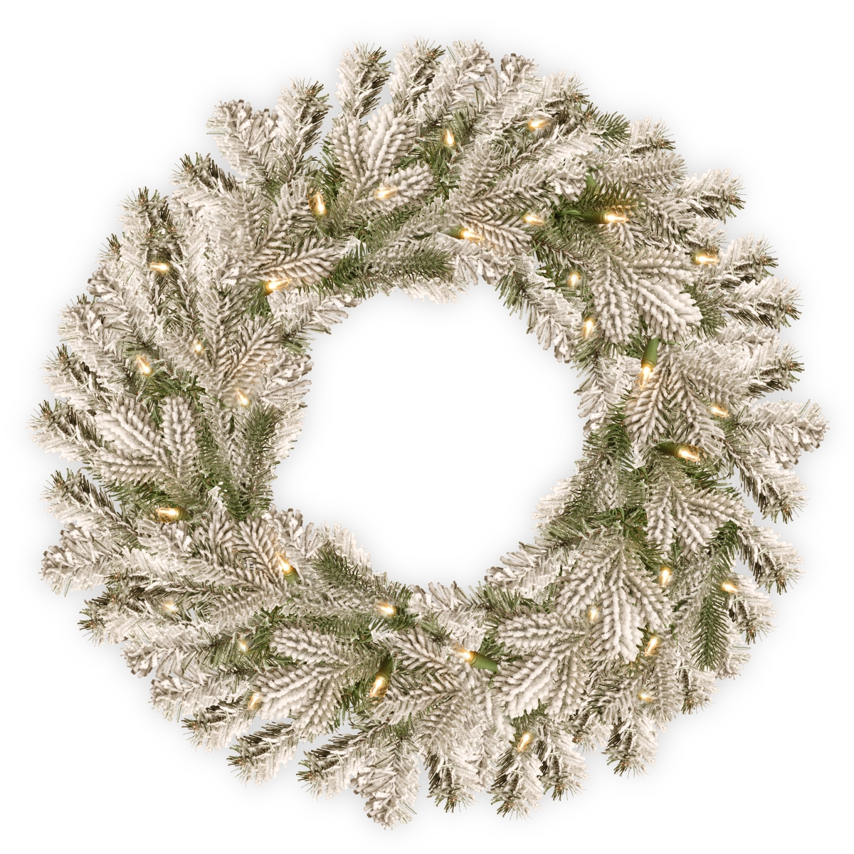 24 In. Feel Real Snowy Sheffield Spruce Wreath With 50 Warm White Battery Operated Operated Led Lights With Timer