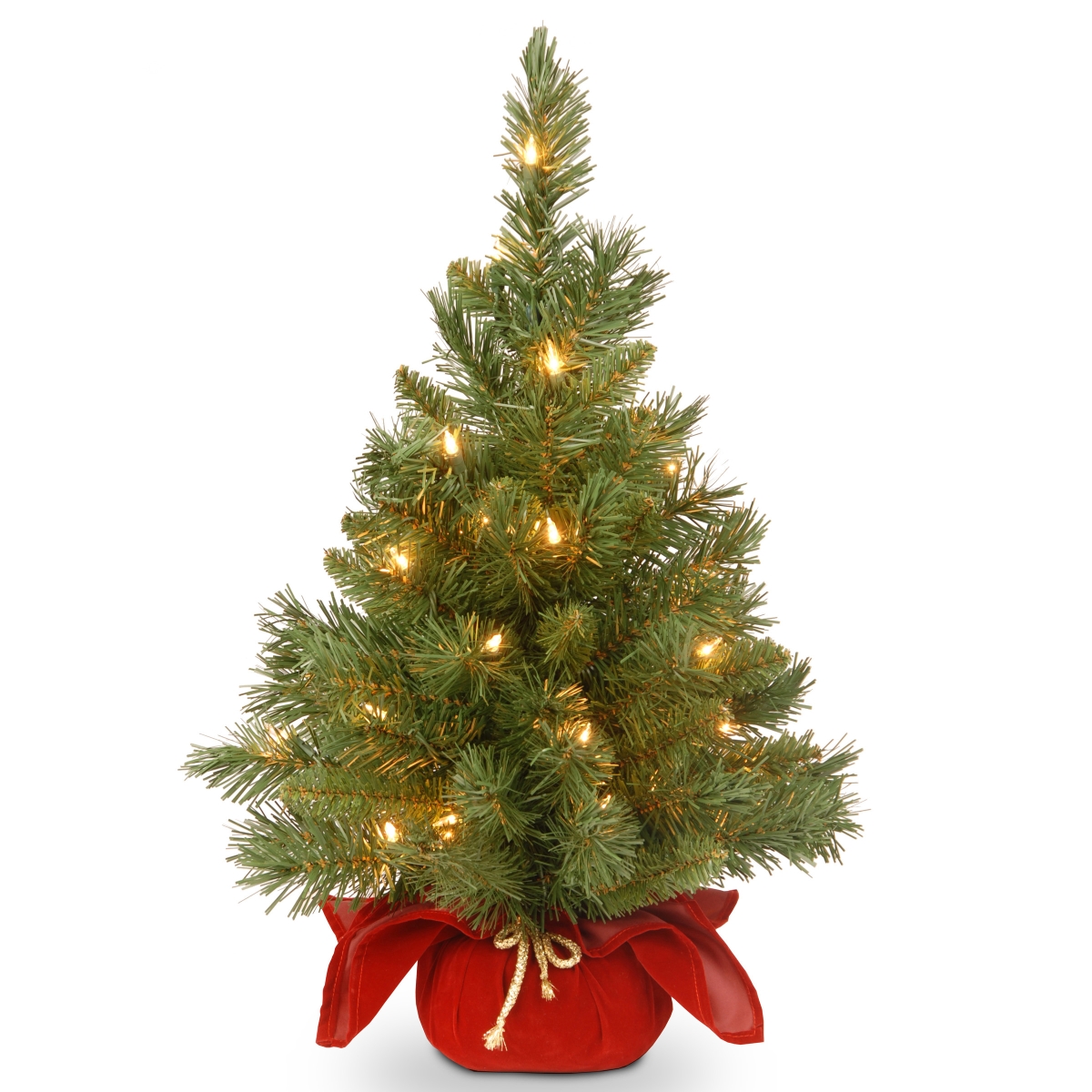 24 In. Majestic Spruce Tree In Burgundy Cloth Bag With 35 Warm White Battery Operated Operated Led Lights