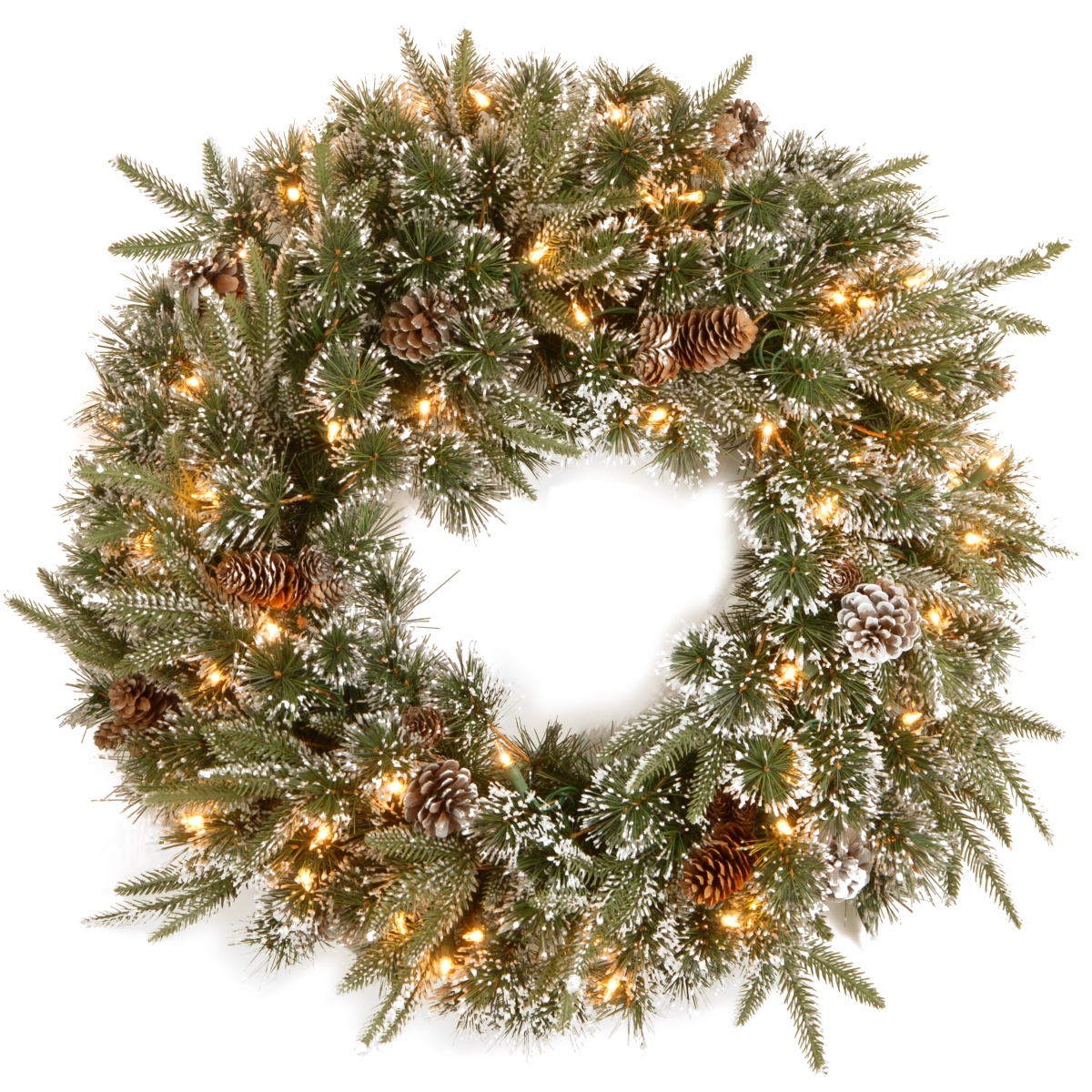 24 In. Feel Real Liberty Pine Wreath With Snow & Pine Cones & 50 Clear Lights