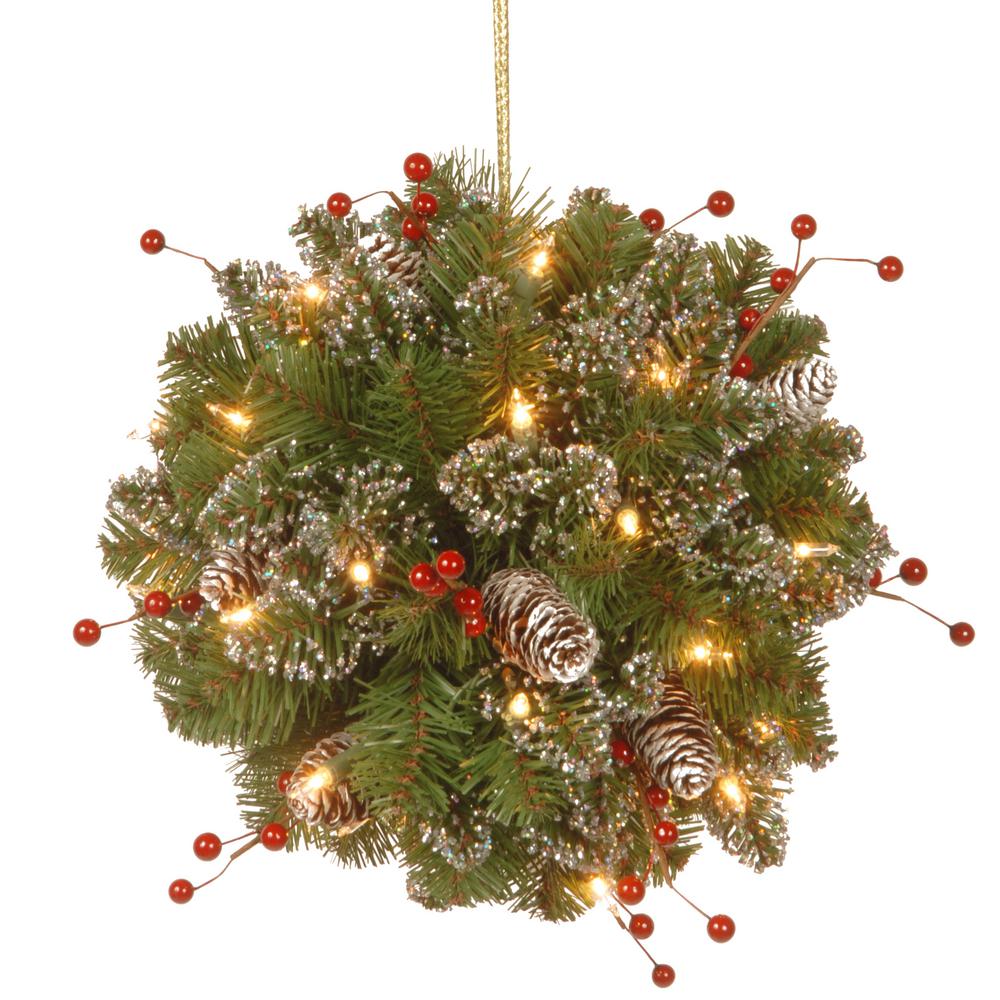 12 In. Glittery Mountain Spruce Kissing Ball With White Edged Cones, Red Berries & 35 Battery Operated Warm White Led Lights
