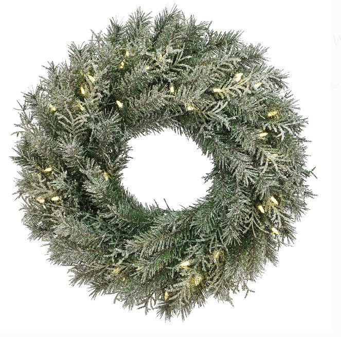 National Tree Pegs3-300-24wb1 24 In. Feel Real Snowy Stonington Fir Wreath With 50 Warm White Battery Operated Led Lights