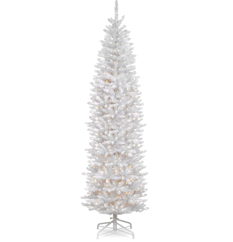 National Tree Kww7-300-90 9 Ft. Kingswood Fir Hinged Pencil Tree With 500 Clear Lights, White