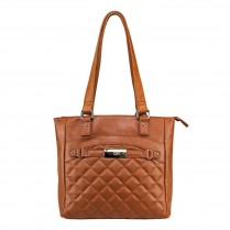Quilted Tote With Pockets - Brown