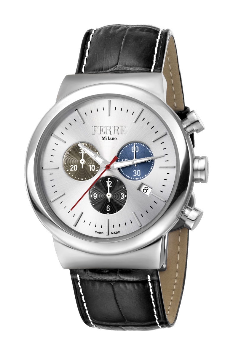Fm1g106l0011 Mens Chronograph Black Leather Silver - Tone Dial Date Wrist Watch