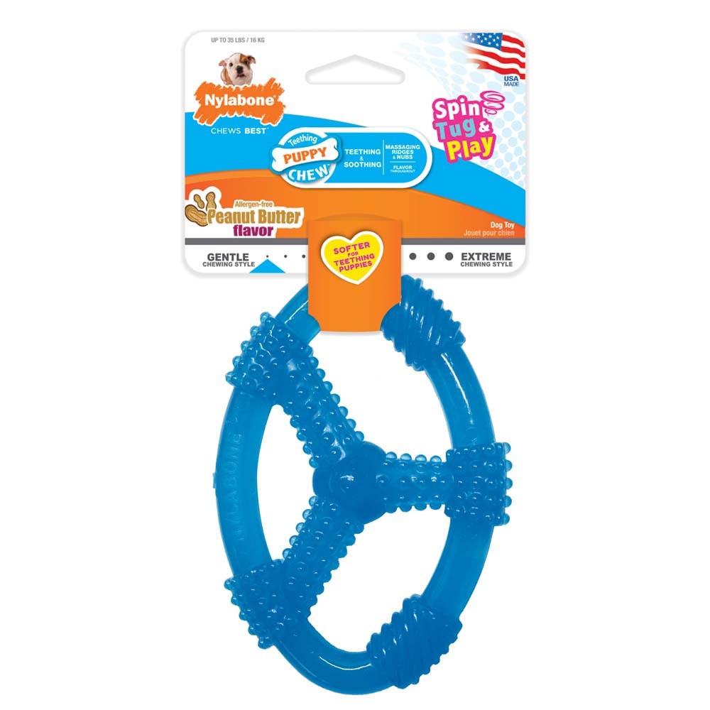 018214846307 Spring Tug & Play Puppy Oval Ring Peanut Butter Blue Wolf Toys
