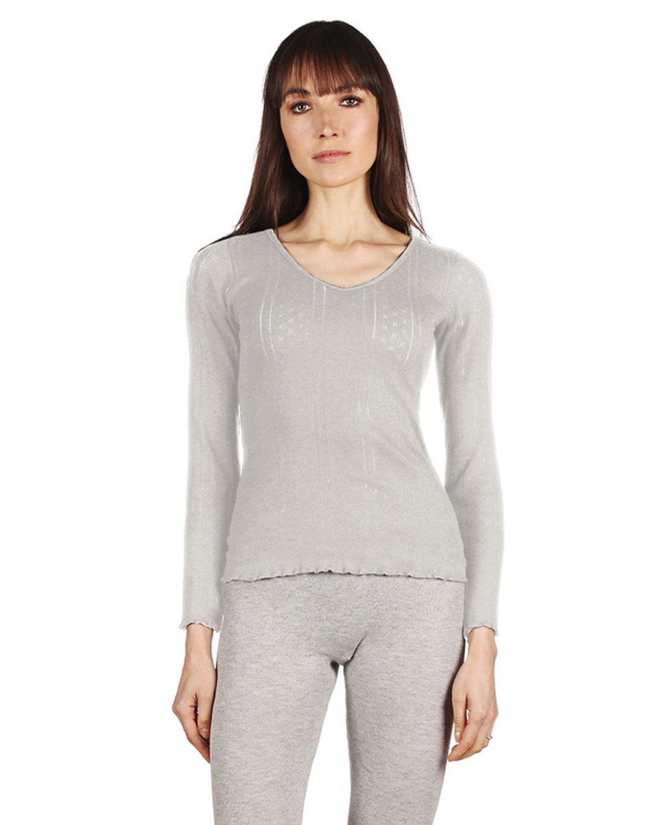 CTL07480-02116-L Pointelle Rib Seamless Womens Long Sleeve Top, Gray Heather - Large