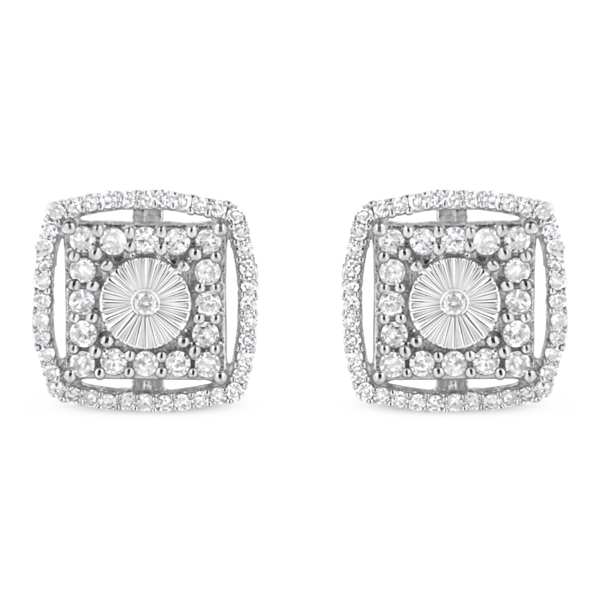 70-5543WDM White .925 Sterling Silver 1.0 CTTW Round Diamond Double Halo & Disc Stud Earring, I-J Color - I2-I3 Clarity