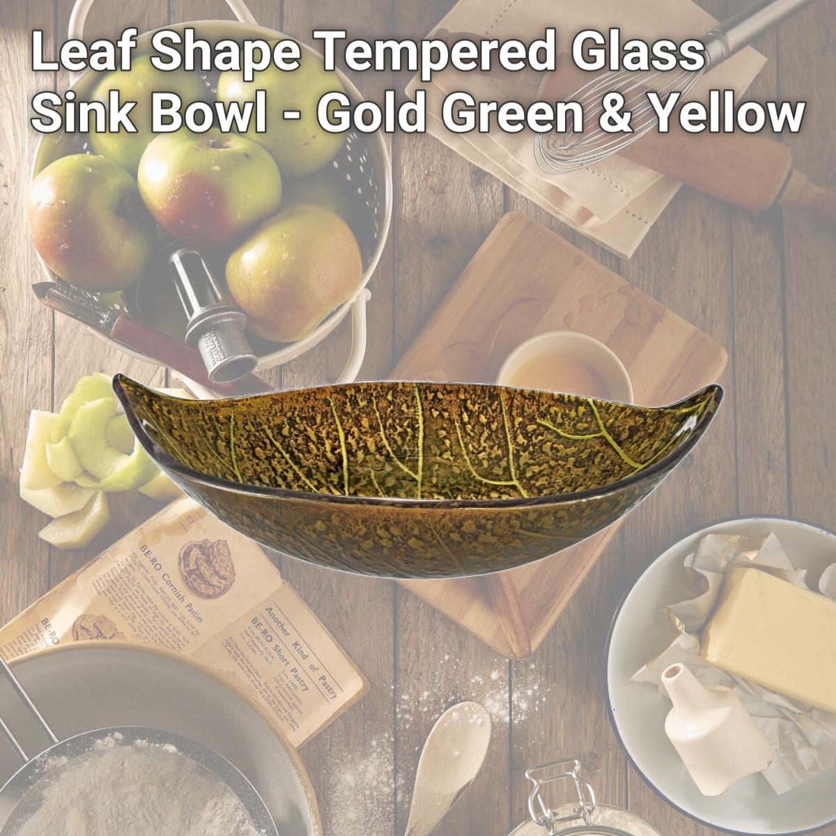 Picture of InFurniture ZA-1251 Leaf Shape Tempered Glass Sink Bowl - Gold, Green & Yellow