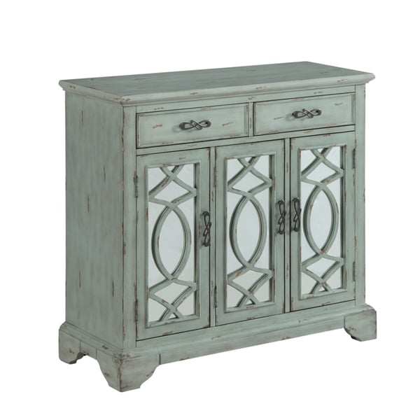 Ac1824-40-lt 40 In. Rustic Style Credenza Accent Cabinet With Two Mirrored Doors & Two Drawers In Light Teal