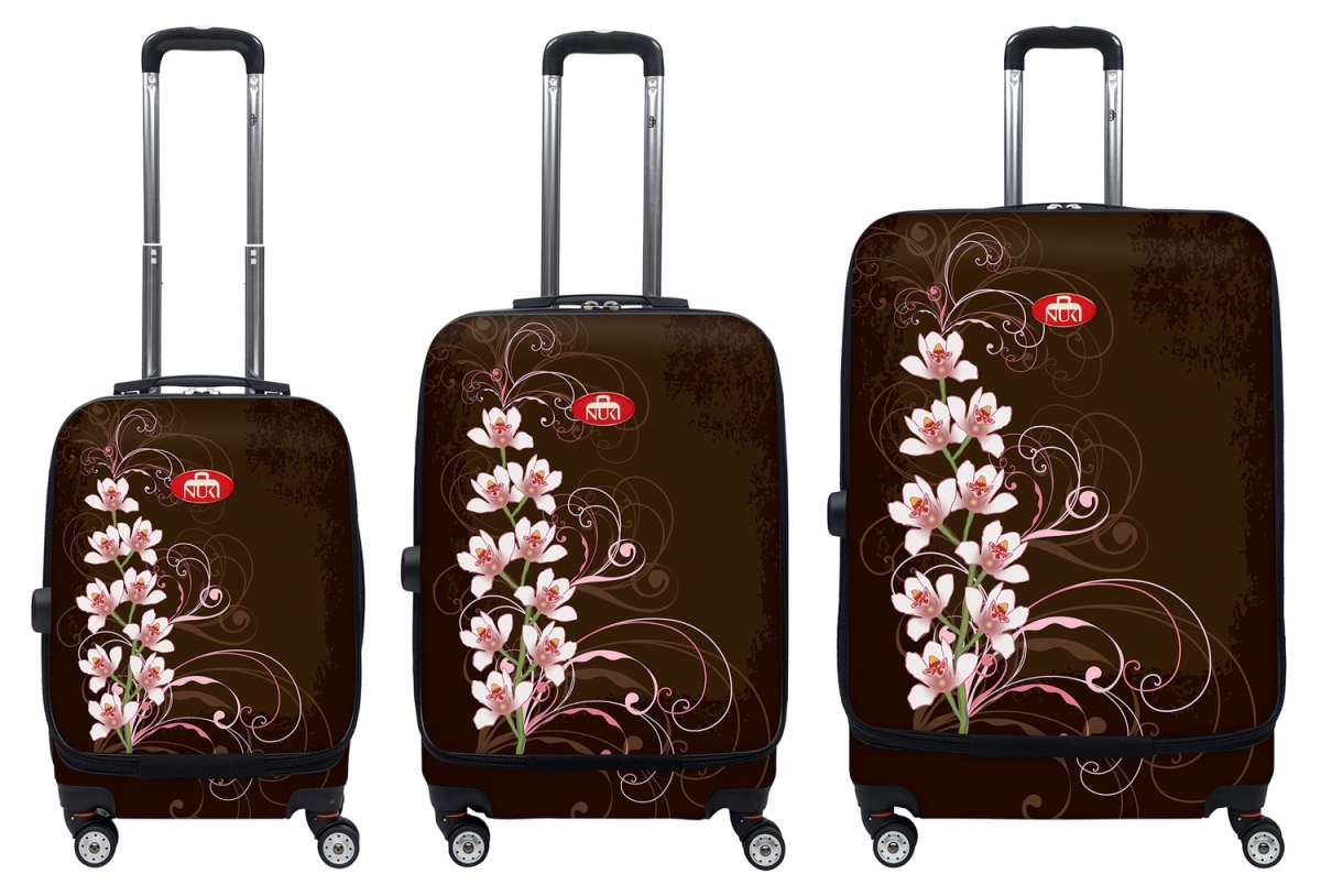 011000 Front Accessible Luggage Lightweight Spinner Set, Orchilds On Brown - 3 Piece