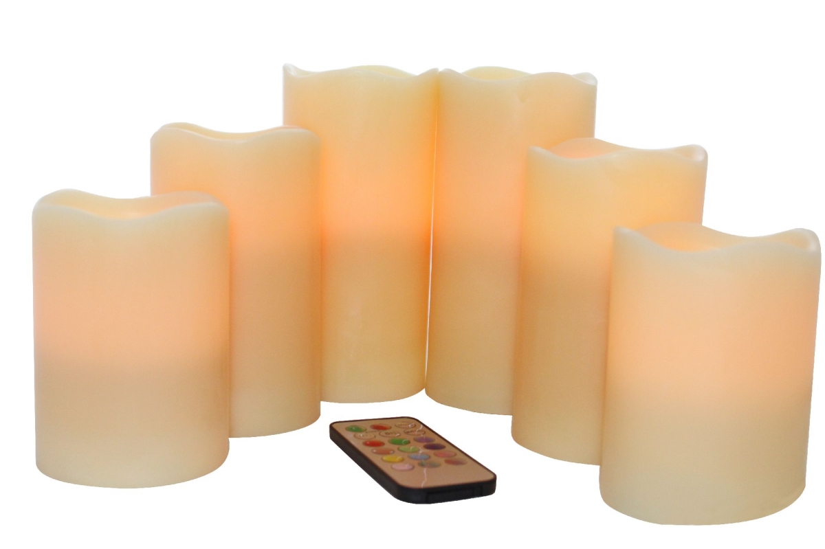 87621 Vanilla Scented Wax Led Pillar Candles With Remote & Timer - Ivory, Set Of 6