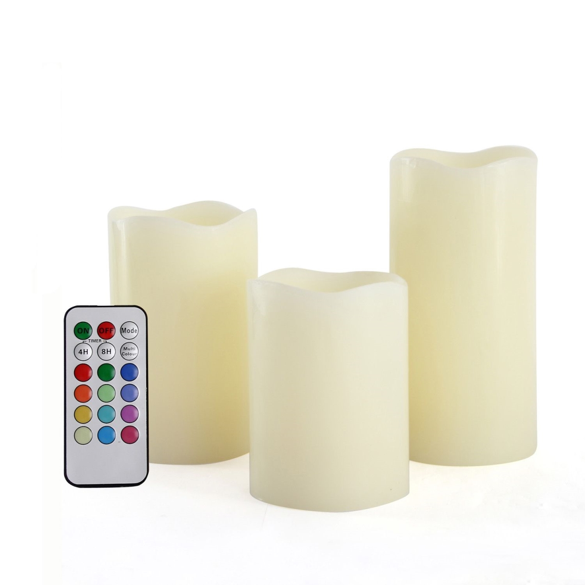 Cac70rw31456m Round Melted Edge Remote Controlled Changing Flameless Wax Pillar Candles, Multicolor - Set Of 3