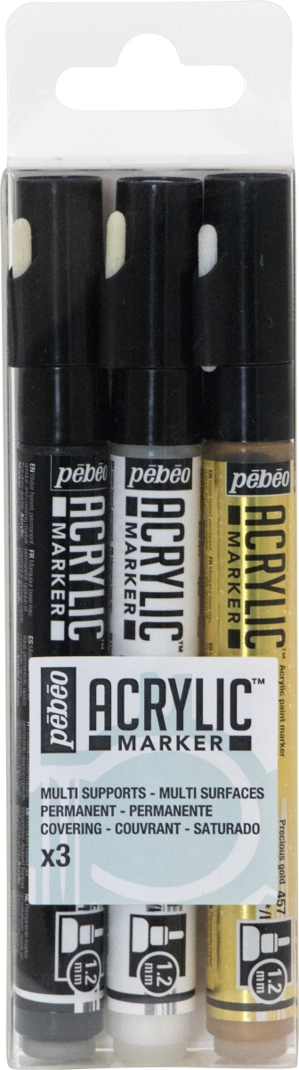 Pe201201 Acrylic Marker Set, Black, White & Gold - Pack Of 3