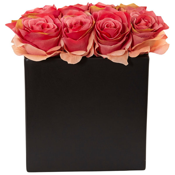1510-DP Roses Arrangement in Black Vase, Dark Pink