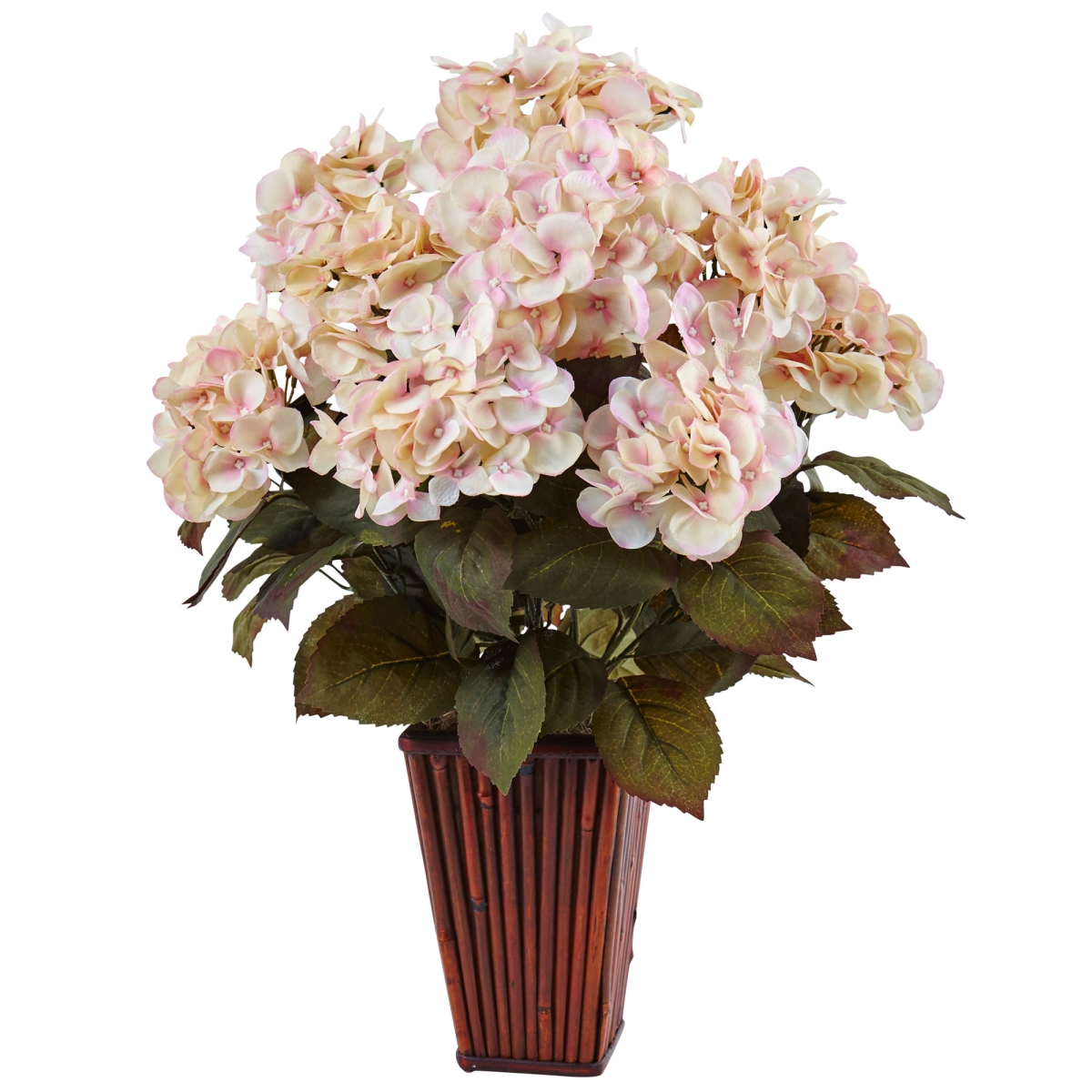 Hydrangea In Bamboo Planter, Cream With Pink