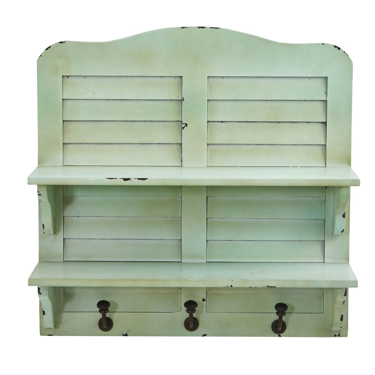 20 In. Vintage Window Shutter Shelving With Hooks Wall Decor
