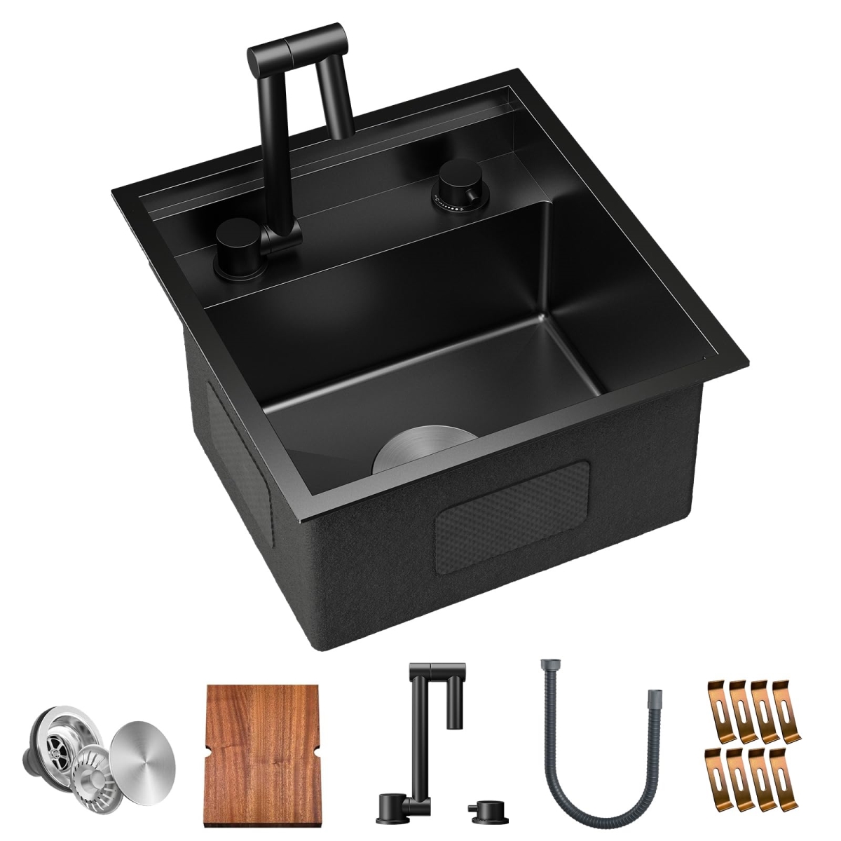 Picture of WELLFE MG1617R9RV RV Kitchen Sink, 16*17*9 Inch 16 Gauge Stainless Steel Single Bowl Workstation Sink with Faucet Cutting Board, Dark Grey