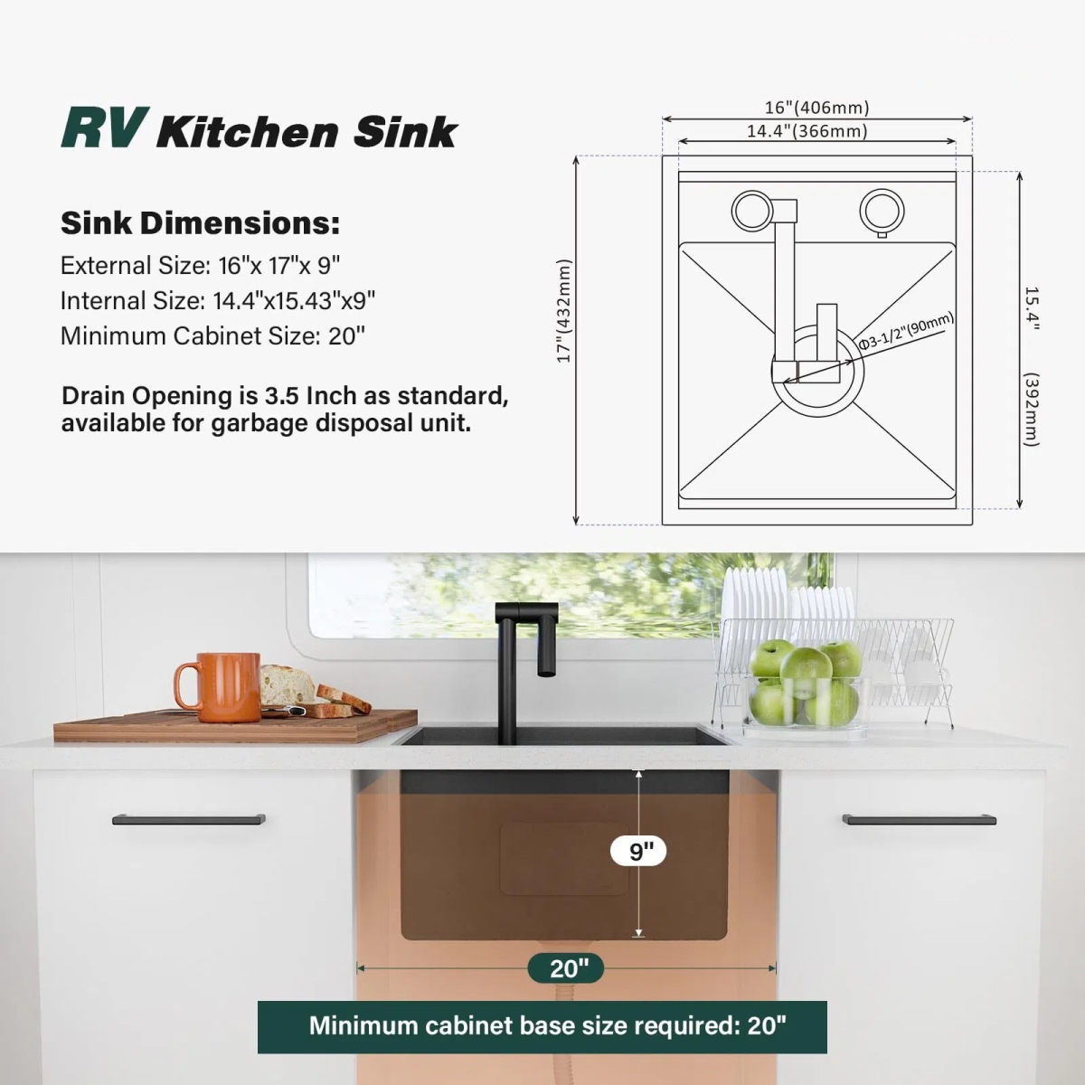 Picture of WELLFE MG1617R9RV RV Kitchen Sink, 16*17*9 Inch 16 Gauge Stainless Steel Single Bowl Workstation Sink with Faucet Cutting Board, Dark Grey