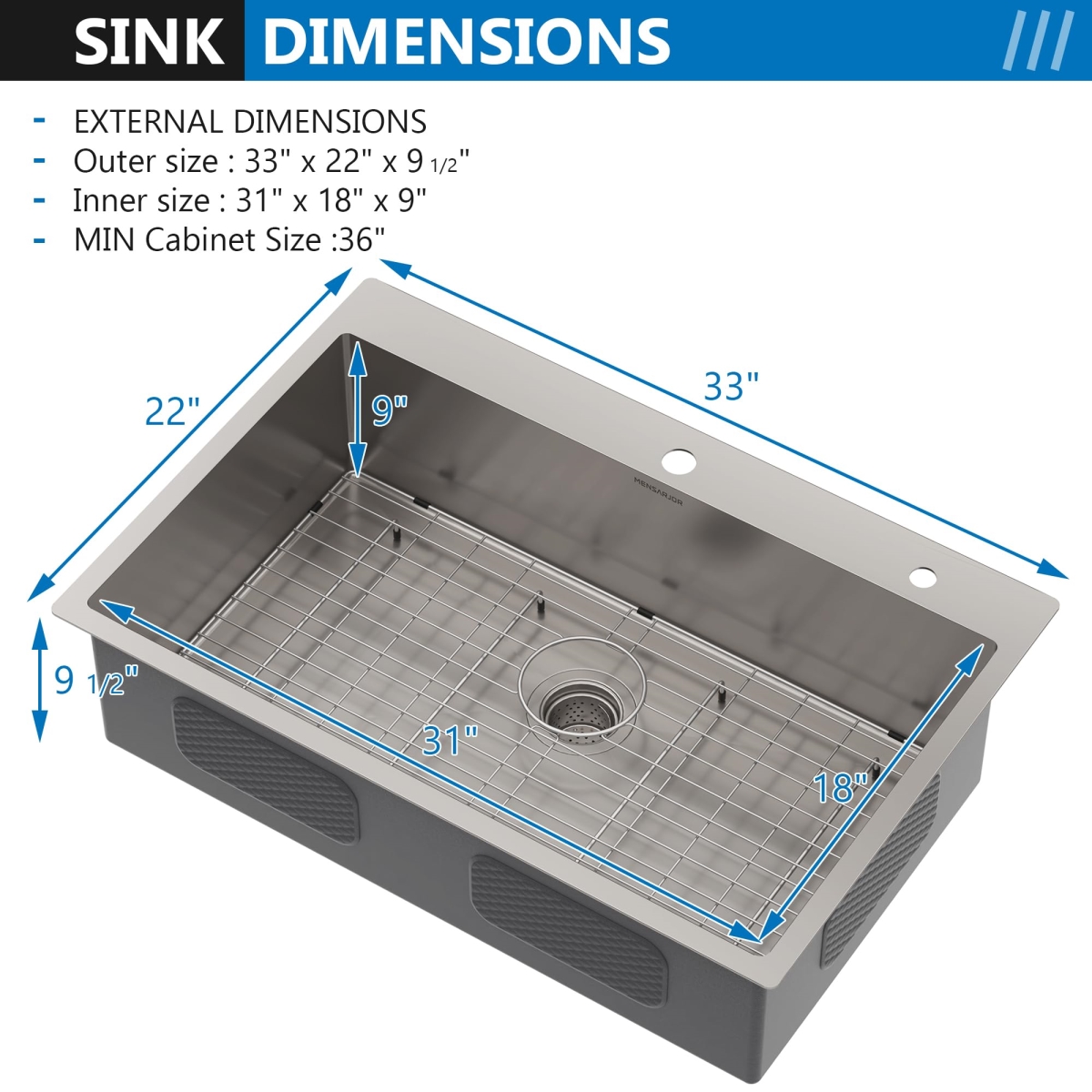 Picture of WELLFE MSJ3322R9M RV Kitchen Sink, 33 X 22 Inch Topmount Kitchen Sink, 304 Stainless Steel Drop in Sink,Large Single Sink with 9-inch Depth