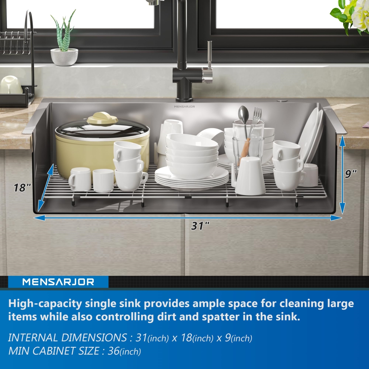 Picture of WELLFE MSJ3322R9M RV Kitchen Sink, 33 X 22 Inch Topmount Kitchen Sink, 304 Stainless Steel Drop in Sink,Large Single Sink with 9-inch Depth