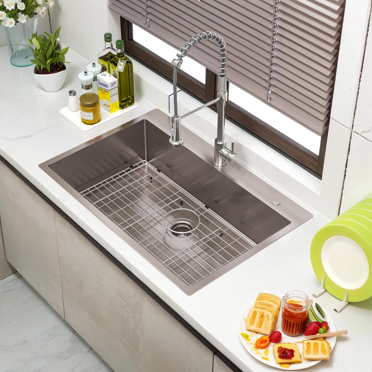 Picture of WELLFE MSJ3322R9M RV Kitchen Sink, 33 X 22 Inch Topmount Kitchen Sink, 304 Stainless Steel Drop in Sink,Large Single Sink with 9-inch Depth