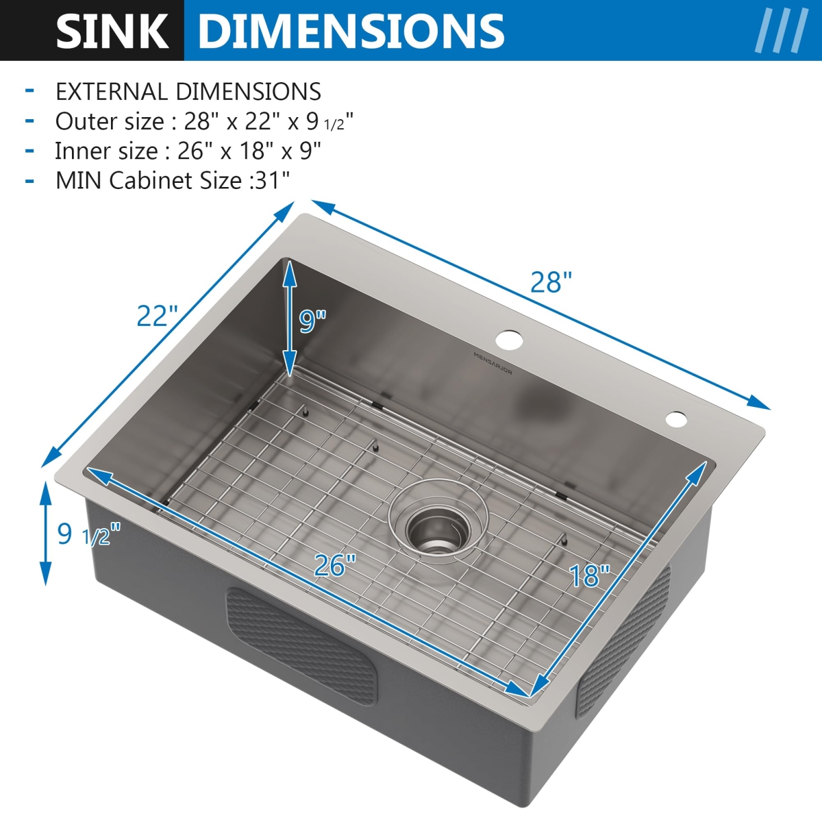 Picture of WELLFE MSJ2822R9M RV Kitchen Sink, 28 x 22 inch Topmount Kitchen Sink, 16 Gauge Stainless Steel, Handmade for Kitchen, Bar, or Outdoor Use