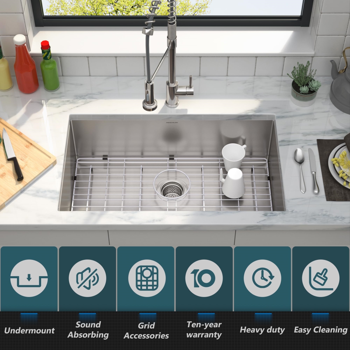 Picture of WELLFE MSJ3018R10M RV Kitchen Sink, 30 x 18 Undermount Single Bowl 304 Stainless Steel Kitchen Sink with 10-Inch Deep Basin