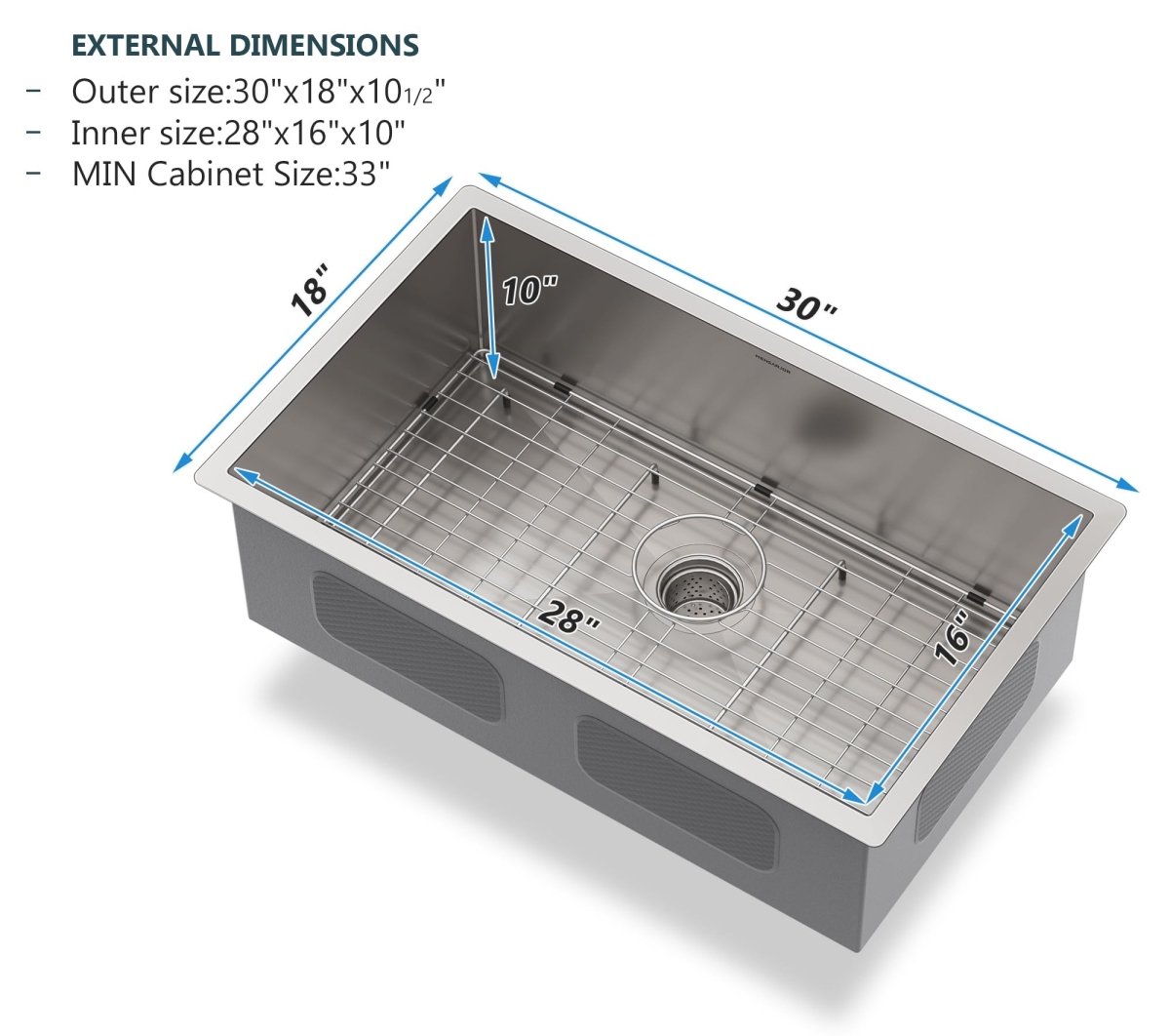 Picture of WELLFE MSJ3018R10M RV Kitchen Sink, 30 x 18 Undermount Single Bowl 304 Stainless Steel Kitchen Sink with 10-Inch Deep Basin