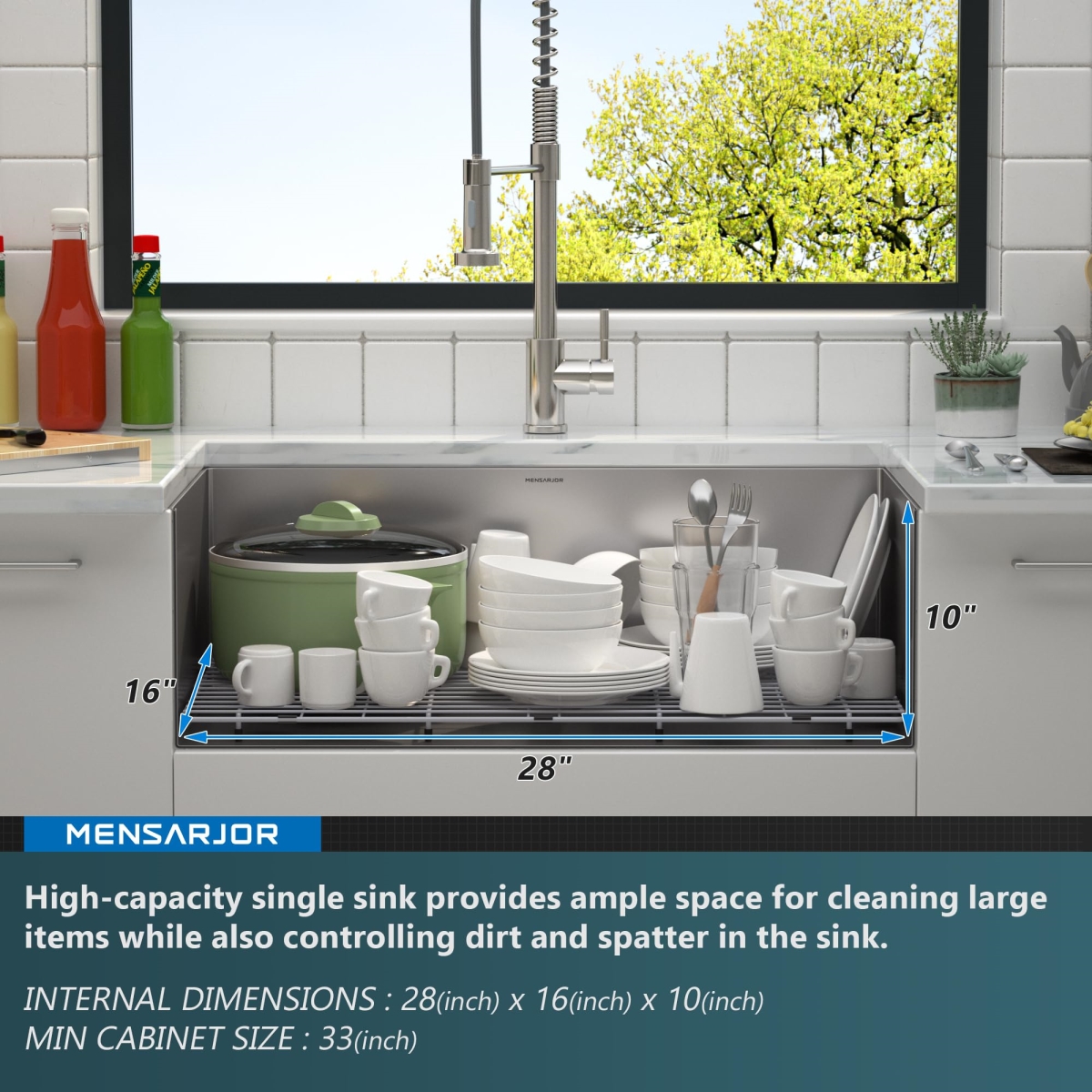 Picture of WELLFE MSJ3018R10M RV Kitchen Sink, 30 x 18 Undermount Single Bowl 304 Stainless Steel Kitchen Sink with 10-Inch Deep Basin