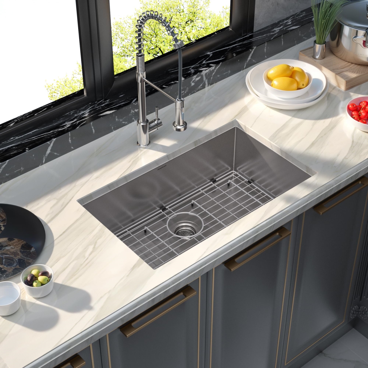 Picture of WELLFE MSJ3018R10M RV Kitchen Sink, 30 x 18 Undermount Single Bowl 304 Stainless Steel Kitchen Sink with 10-Inch Deep Basin